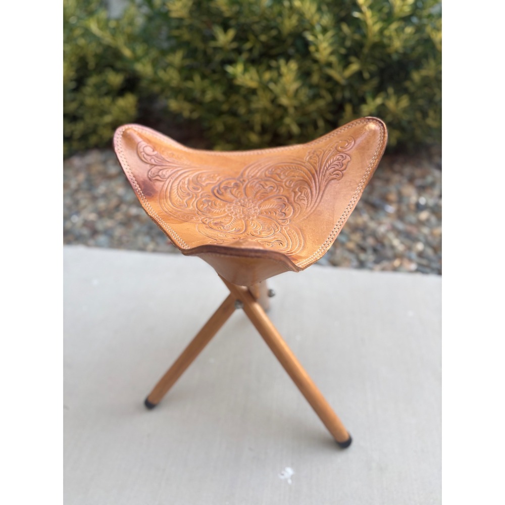 Vintage Hand Tooled Leather Folding Tripod Stool. Floral western bohemian decor.
